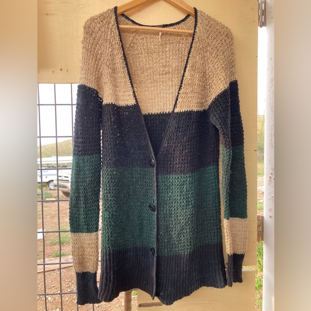 Free People Knit Cardigan in Cream, Forest Green and Black